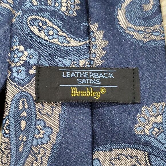Vintage Wembley Leatherback Satins Navy Cream Paisley Textured 3" Wide Tie 58" - Picture 5 of 6